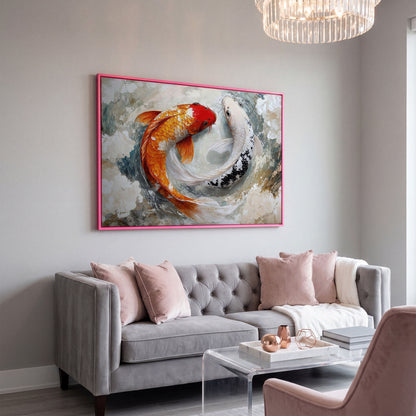 Yin Yang Koi Fish Canvas in pink floating frame