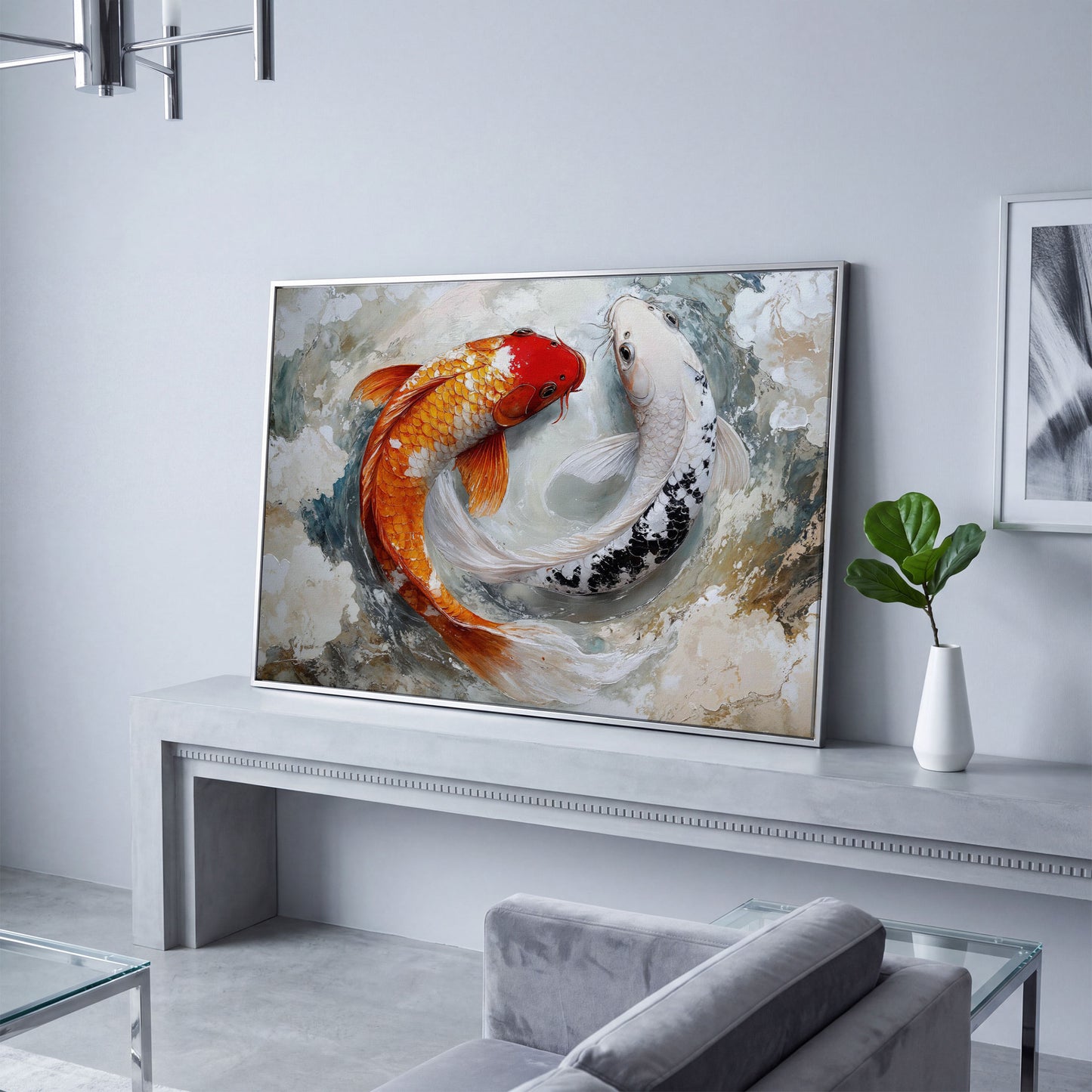 Yin Yang Koi Fish Canvas in silver floating frame