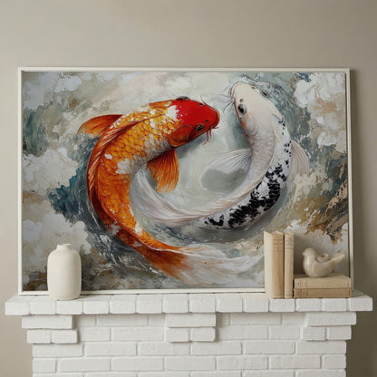 Yin Yang Koi Fish Canvas in white floating frame