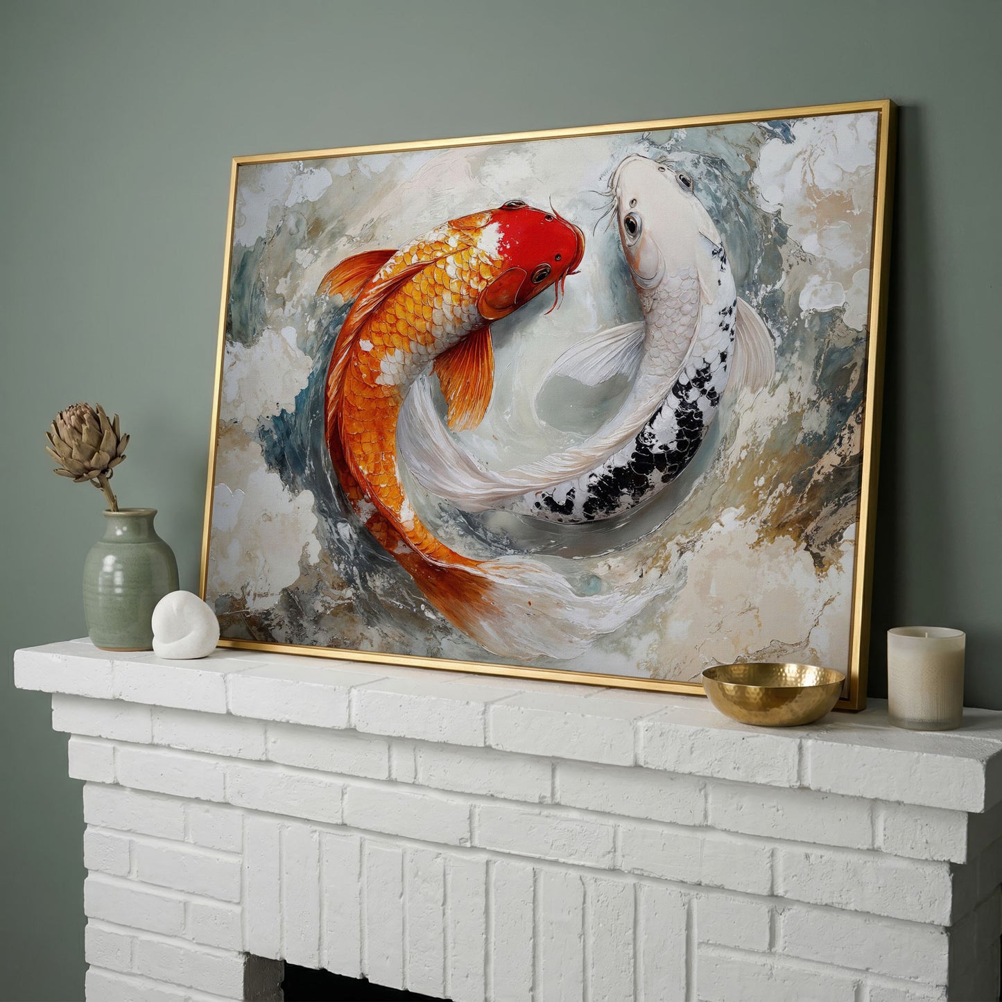 Yin Yang Koi Fish Canvas in yellow gold floating frame