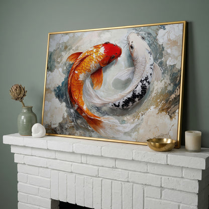 Yin Yang Koi Fish Canvas in yellow gold floating frame