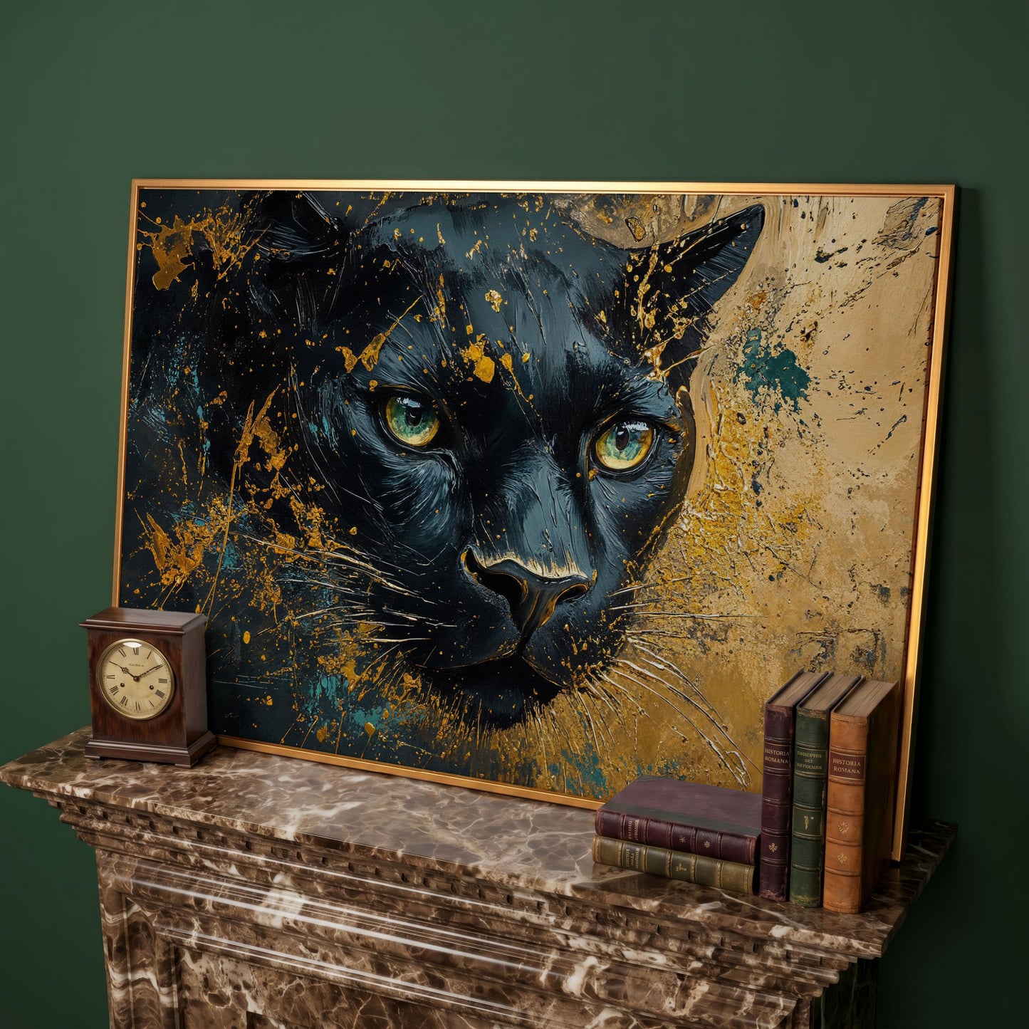 Black Panther Portrait Canvas Print with Modern Abstract in antique gold floating frame