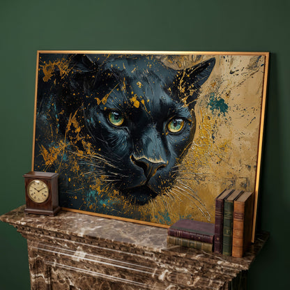 Black Panther Portrait Canvas Print with Modern Abstract in antique gold floating frame