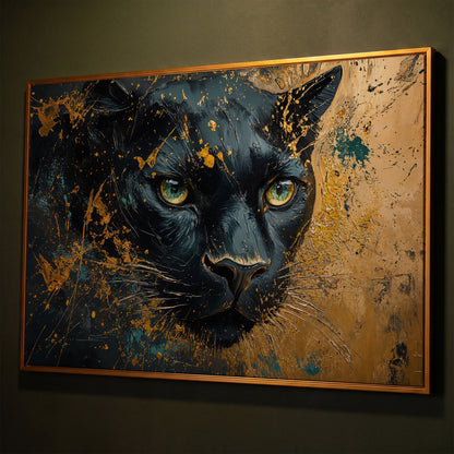Black Panther Portrait Canvas Print with Modern Abstract shown in antique gold floating frame