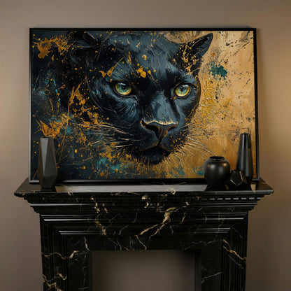 Black Panther Portrait Canvas Print with Modern Abstract in black floating frame