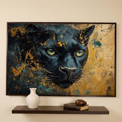 Black Panther Portrait Canvas Print with Modern Abstract in dark walnut floating frame