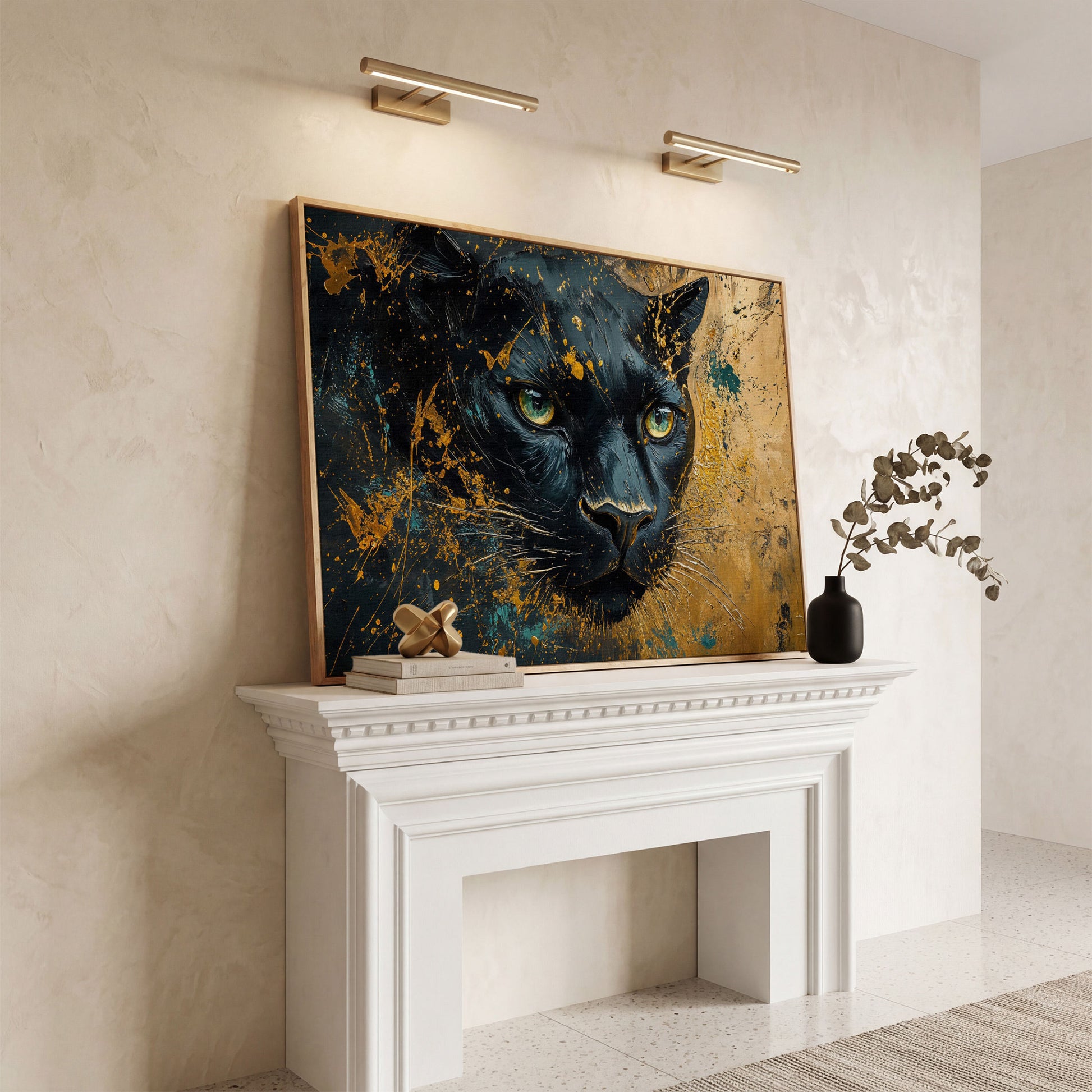 Black Panther Portrait Canvas Print with Modern Abstract in white oak floating frame