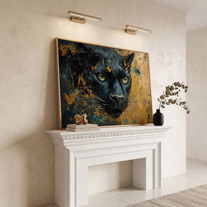 Black Panther Portrait Canvas Print with Modern Abstract in white oak floating frame