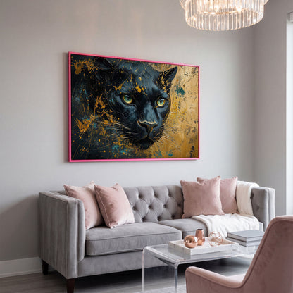 Black Panther Portrait Canvas Print with Modern Abstract in pink floating frame