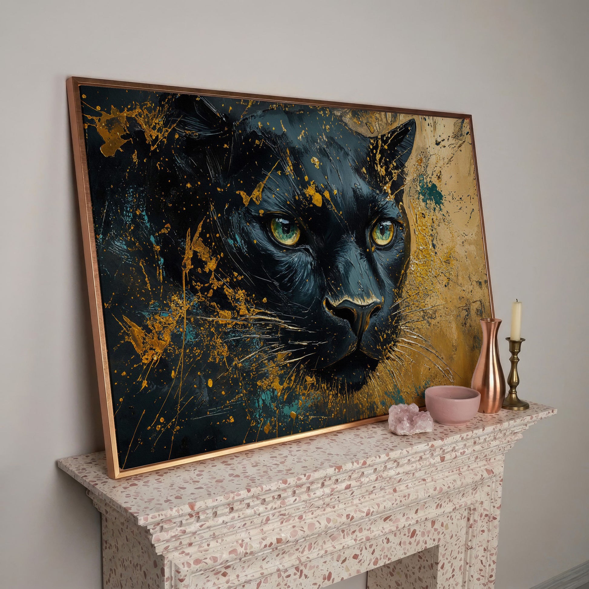 Black Panther Portrait Canvas Print with Modern Abstract in rose gold floating frame