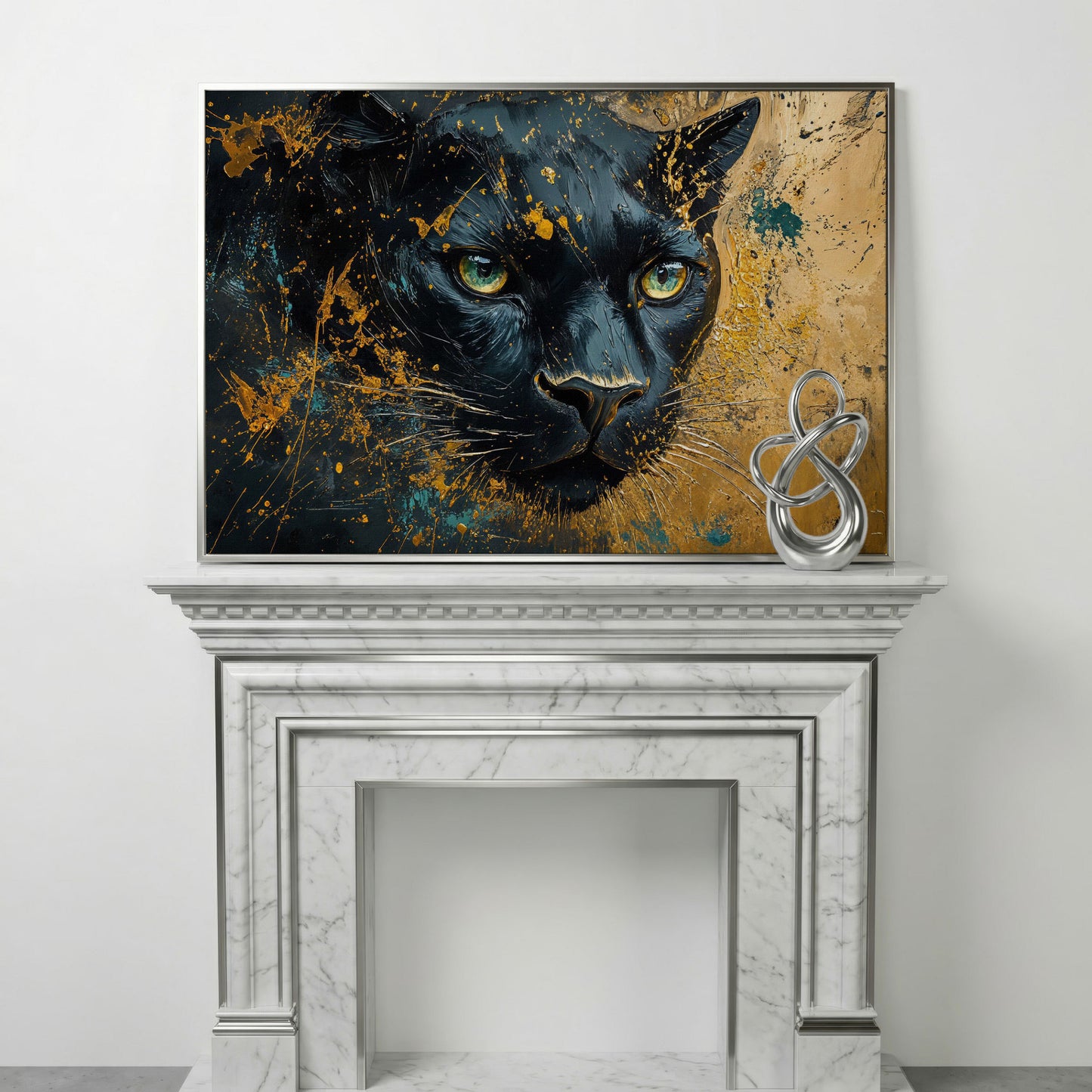 Black Panther Portrait Canvas Print with Modern Abstract in silver floating frame