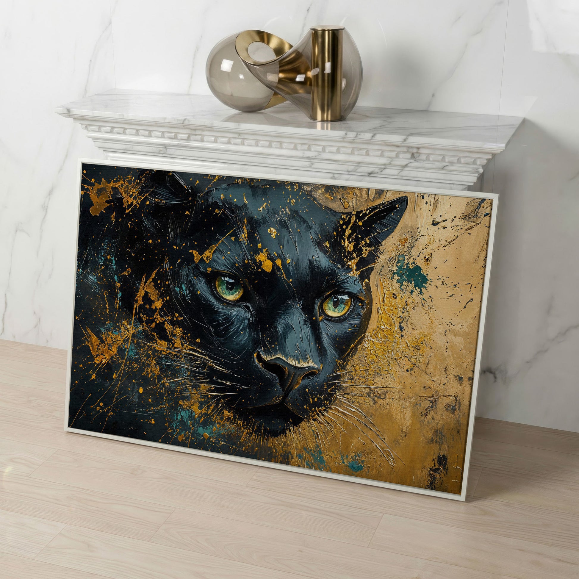 Black Panther Portrait Canvas Print with Modern Abstract in white floating frame