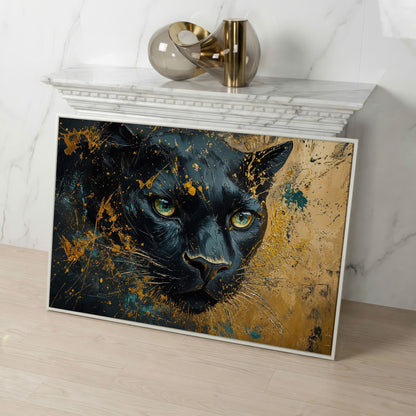 Black Panther Portrait Canvas Print with Modern Abstract in white floating frame