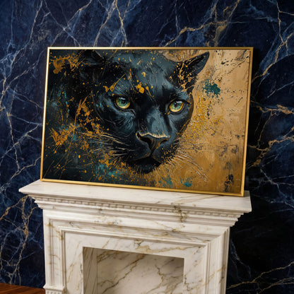 Black Panther Portrait Canvas Print with Modern Abstract in yellow gold floating frame