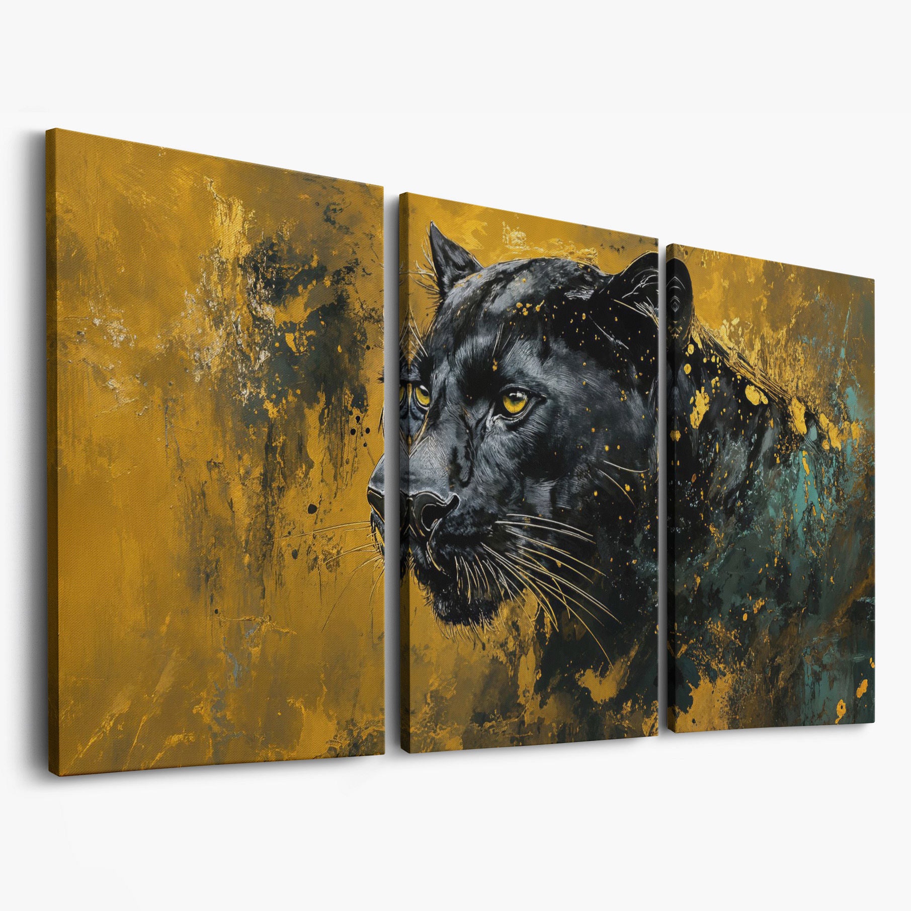Majestic Panther Canvas Print in Black and Gold as 3-panel split version