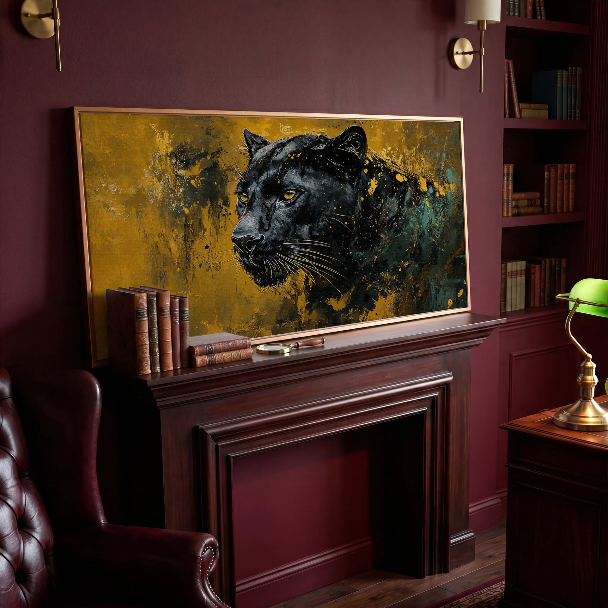 Majestic Panther Canvas Print in Black and Gold in antique gold floating frame