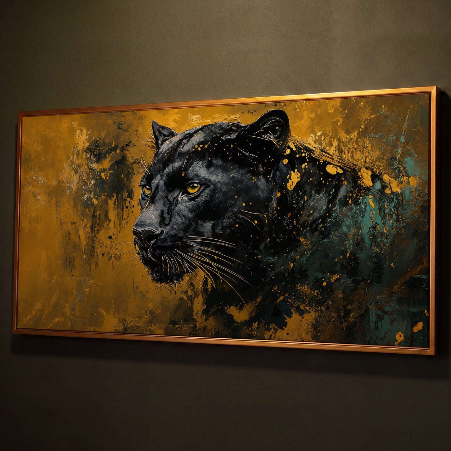 Majestic Panther Canvas Print in Black and Gold shown in antique gold floating frame