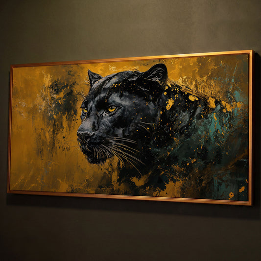 Majestic Panther Canvas Print in Black and Gold shown in antique gold floating frame