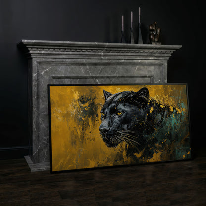 Majestic Panther Canvas Print in Black and Gold in black floating frame
