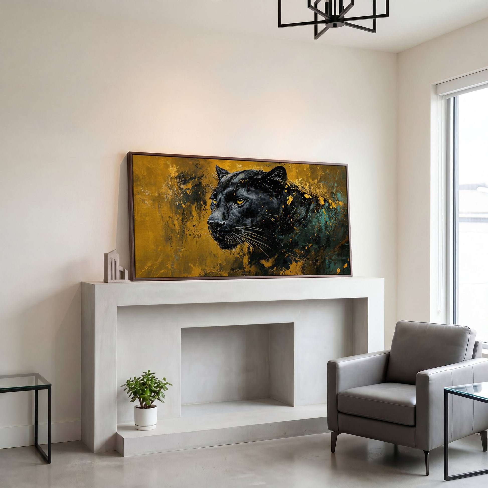Majestic Panther Canvas Print in Black and Gold in dark walnut floating frame
