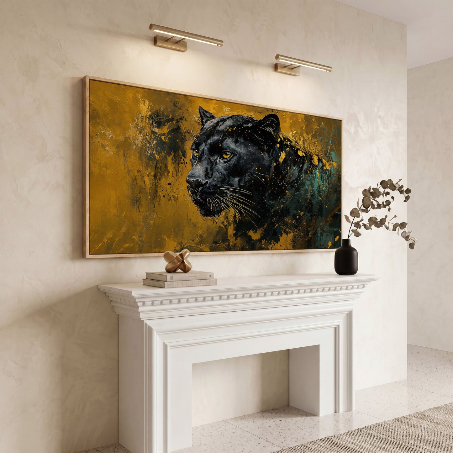 Majestic Panther Canvas Print in Black and Gold in white oak floating frame