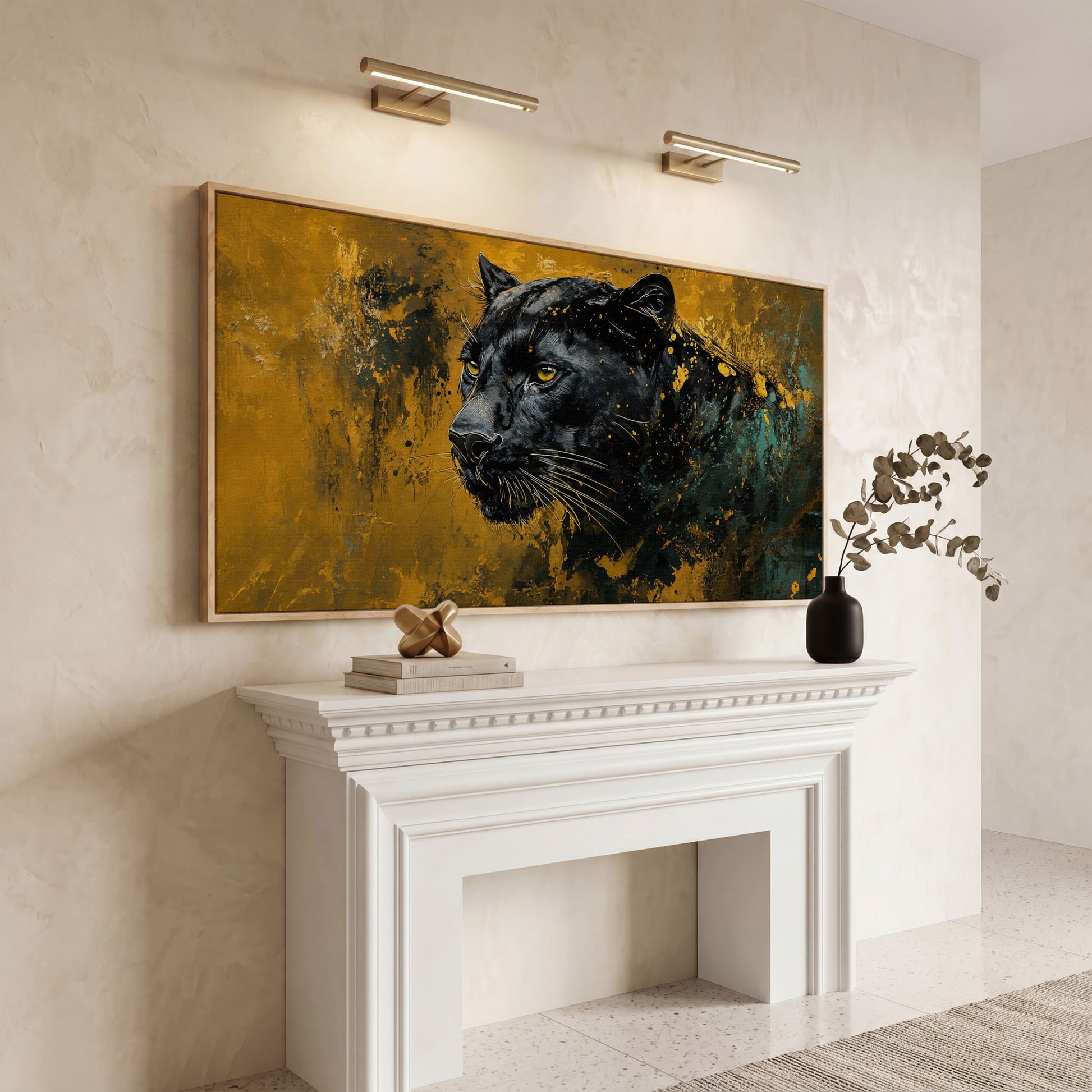 Majestic Panther Canvas Print in Black and Gold in white oak floating frame