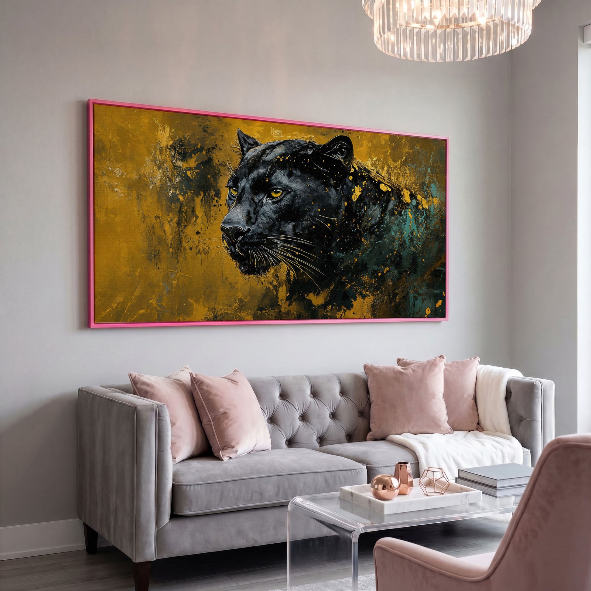 Majestic Panther Canvas Print in Black and Gold in pink floating frame