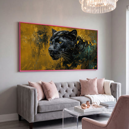 Majestic Panther Canvas Print in Black and Gold in pink floating frame