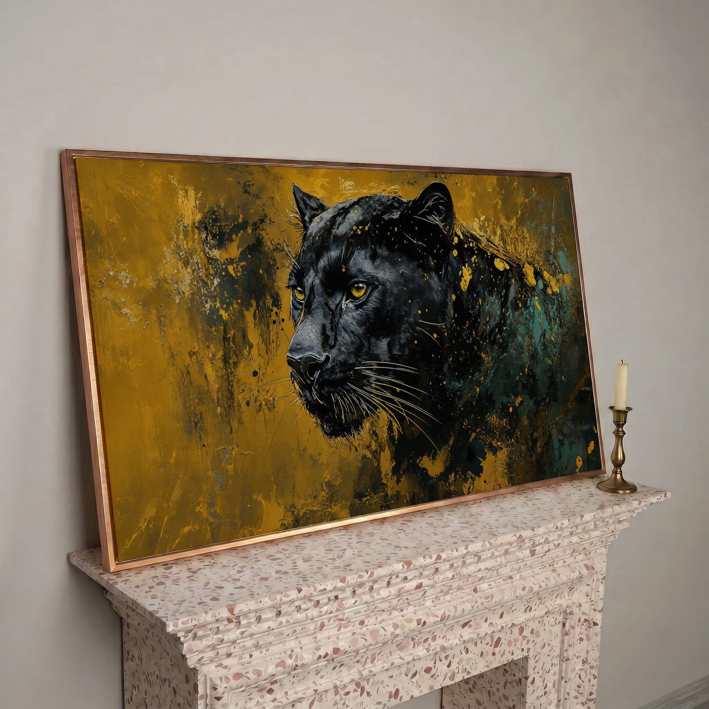 Majestic Panther Canvas Print in Black and Gold in rose gold floating frame