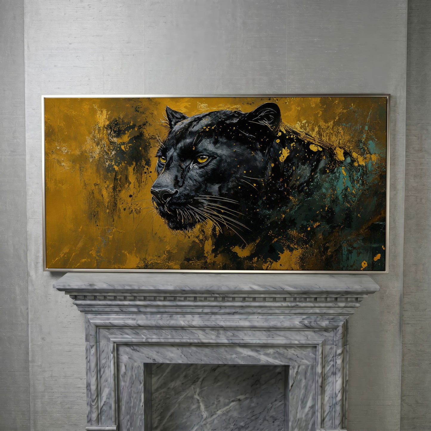 Majestic Panther Canvas Print in Black and Gold in silver floating frame