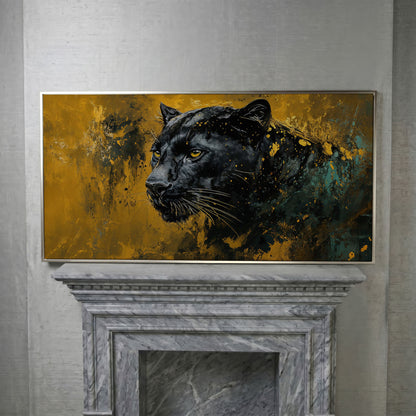 Majestic Panther Canvas Print in Black and Gold in silver floating frame