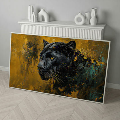 Majestic Panther Canvas Print in Black and Gold in white floating frame
