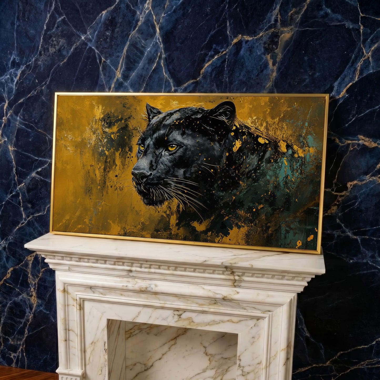 Majestic Panther Canvas Print in Black and Gold in yellow gold floating frame