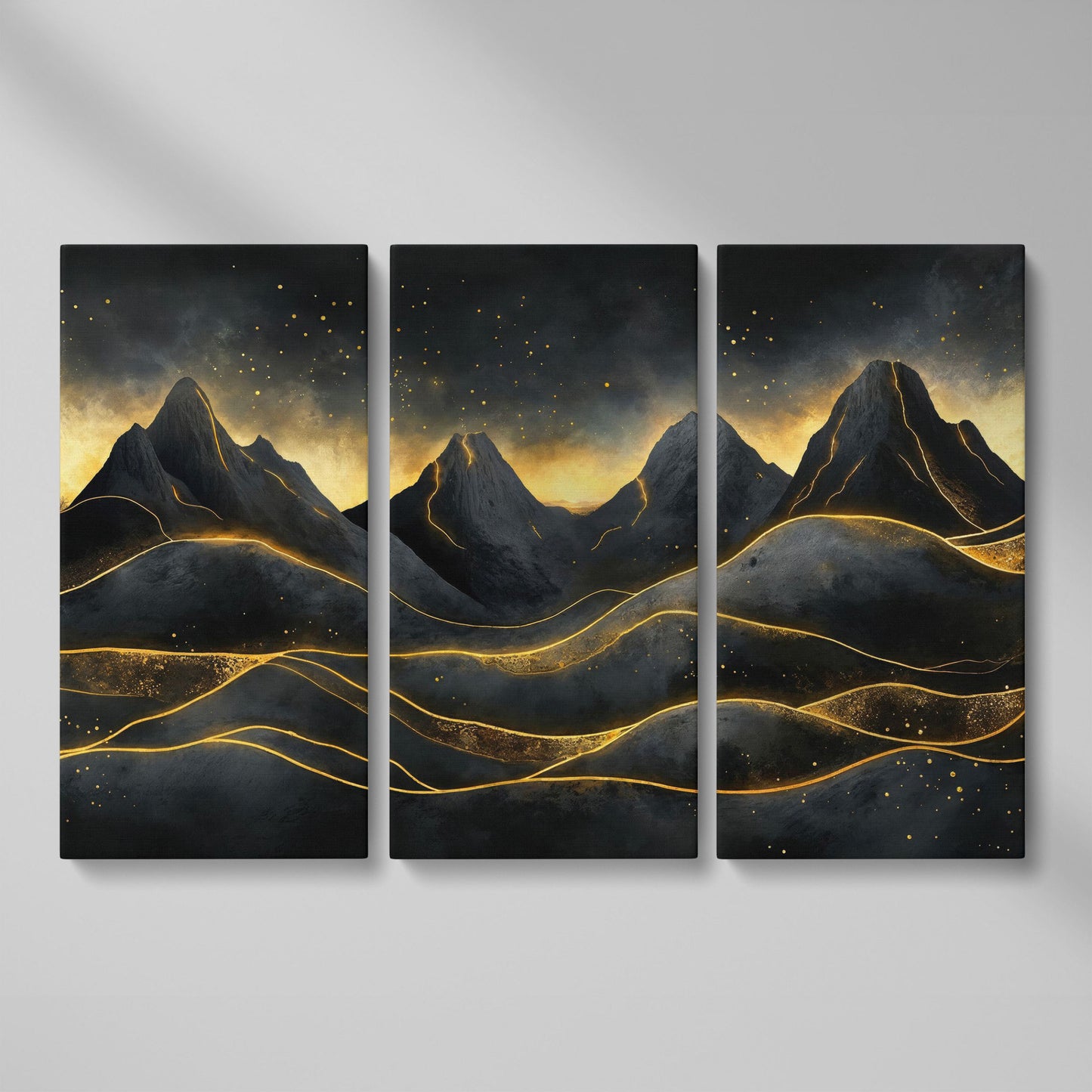 Surreal Mountain Landscape with Dark Sky and Gold Accents canvas as 3-panel split version