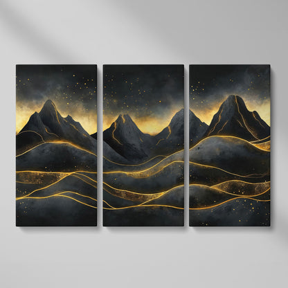 Surreal Mountain Landscape with Dark Sky and Gold Accents canvas as 3-panel split version