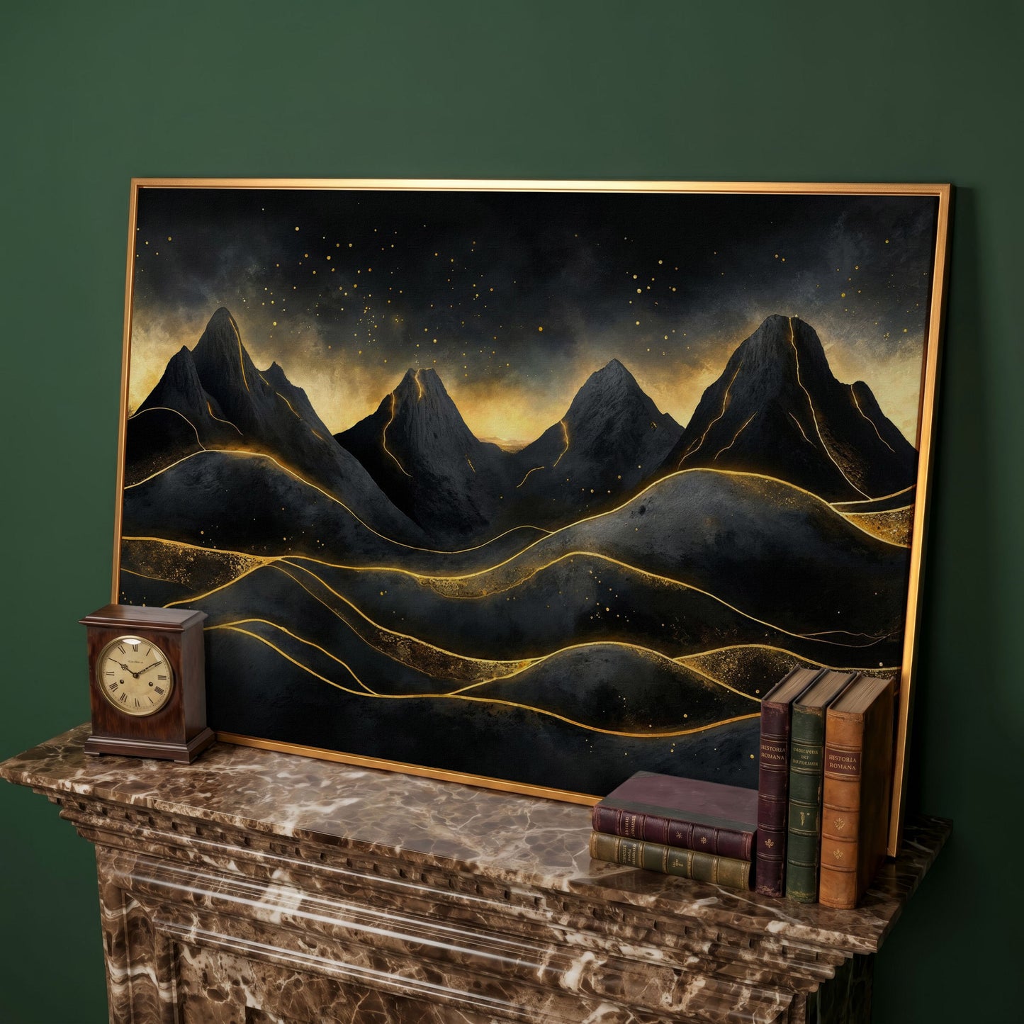Surreal Mountain Landscape with Dark Sky and Gold Accents canvas in antique gold floating frame