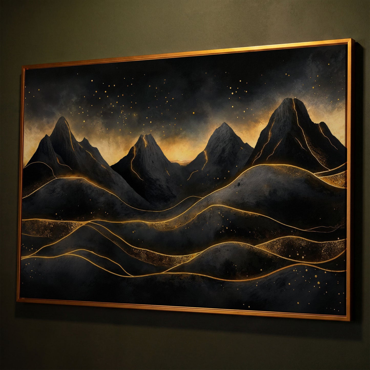 Surreal Mountain Landscape with Dark Sky and Gold Accents canvas shown in antique gold floating frame