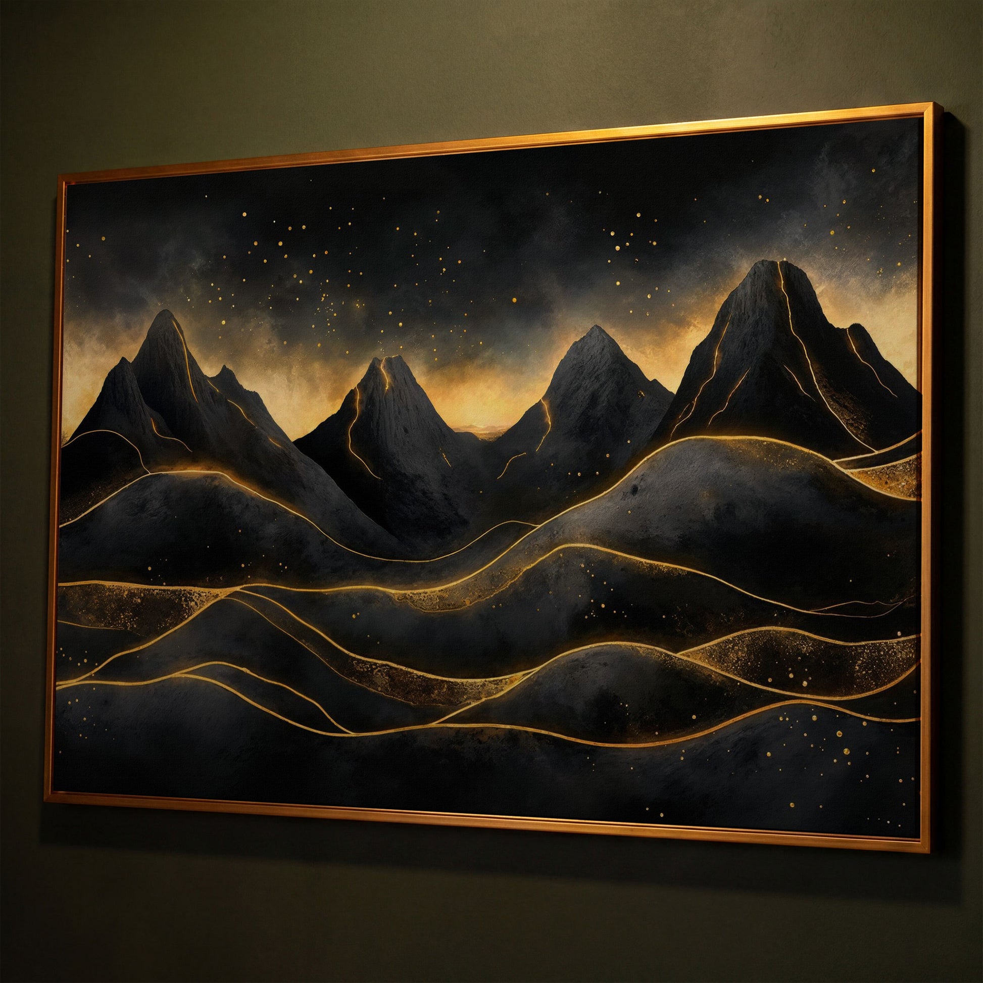 Surreal Mountain Landscape with Dark Sky and Gold Accents canvas shown in antique gold floating frame