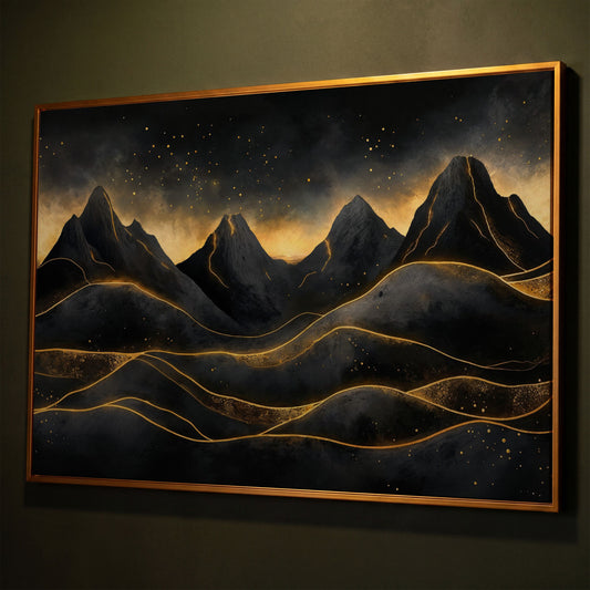 Surreal Mountain Landscape with Dark Sky and Gold Accents canvas shown in antique gold floating frame