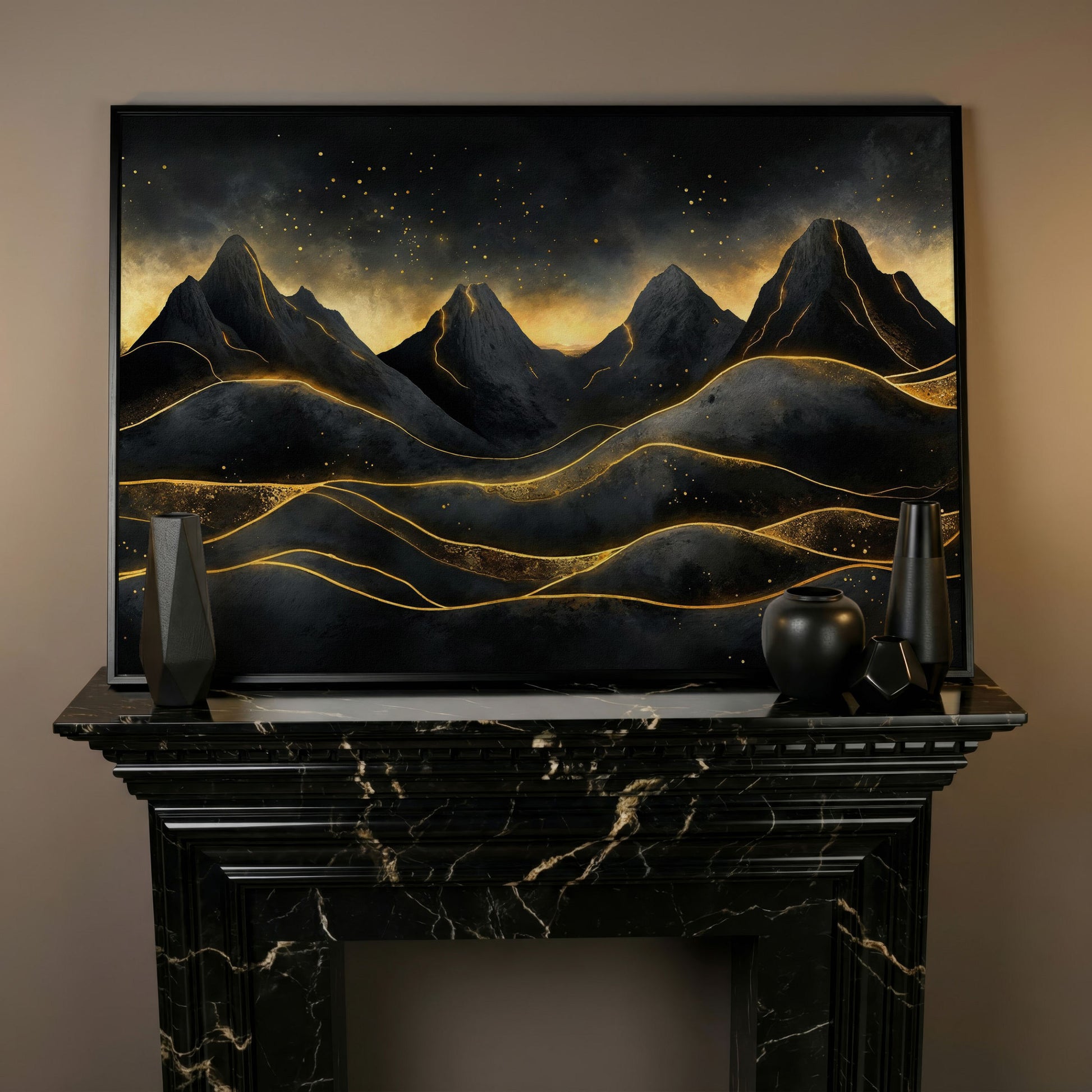 Surreal Mountain Landscape with Dark Sky and Gold Accents canvas in black floating frame