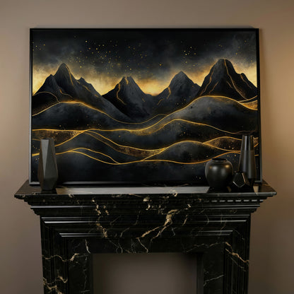 Surreal Mountain Landscape with Dark Sky and Gold Accents canvas in black floating frame