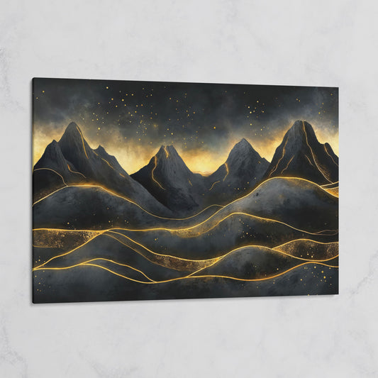Surreal Mountain Landscape with Dark Sky and Gold Accents on gallery wrap canvas