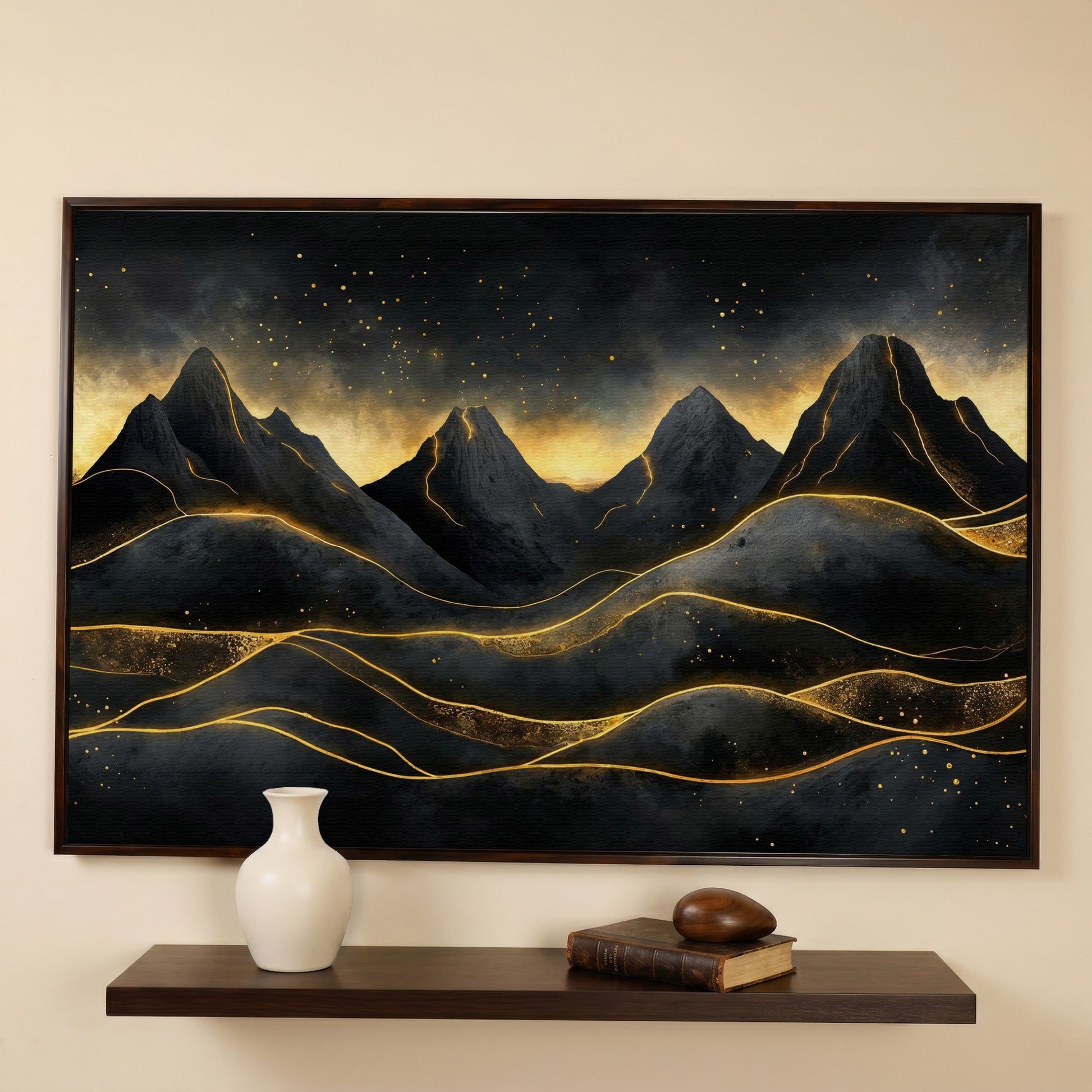 Surreal Mountain Landscape with Dark Sky and Gold Accents canvas in dark walnut floating frame