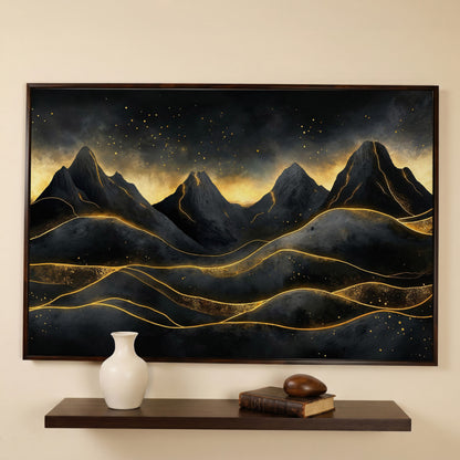 Surreal Mountain Landscape with Dark Sky and Gold Accents canvas in dark walnut floating frame