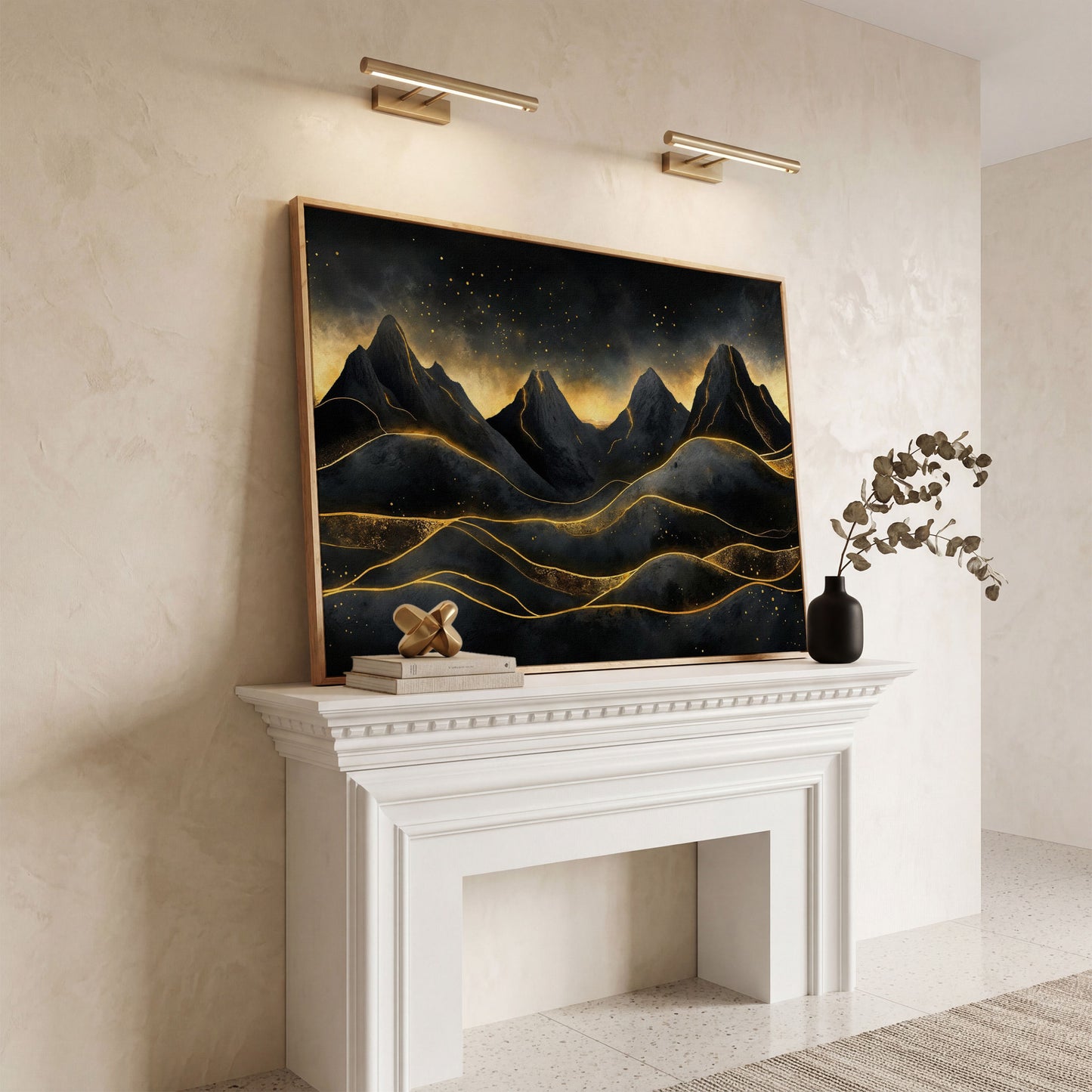 Surreal Mountain Landscape with Dark Sky and Gold Accents canvas in white oak floating frame