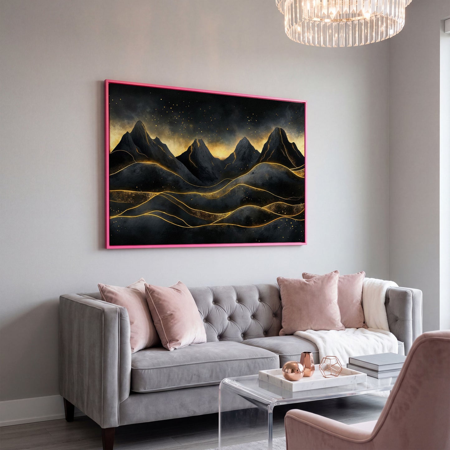 Surreal Mountain Landscape with Dark Sky and Gold Accents canvas in pink floating frame