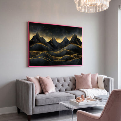 Surreal Mountain Landscape with Dark Sky and Gold Accents canvas in pink floating frame