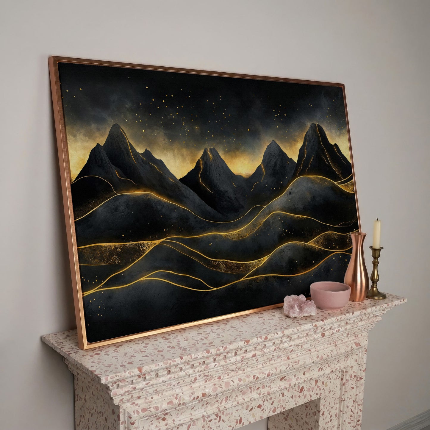 Surreal Mountain Landscape with Dark Sky and Gold Accents canvas in rose gold floating frame