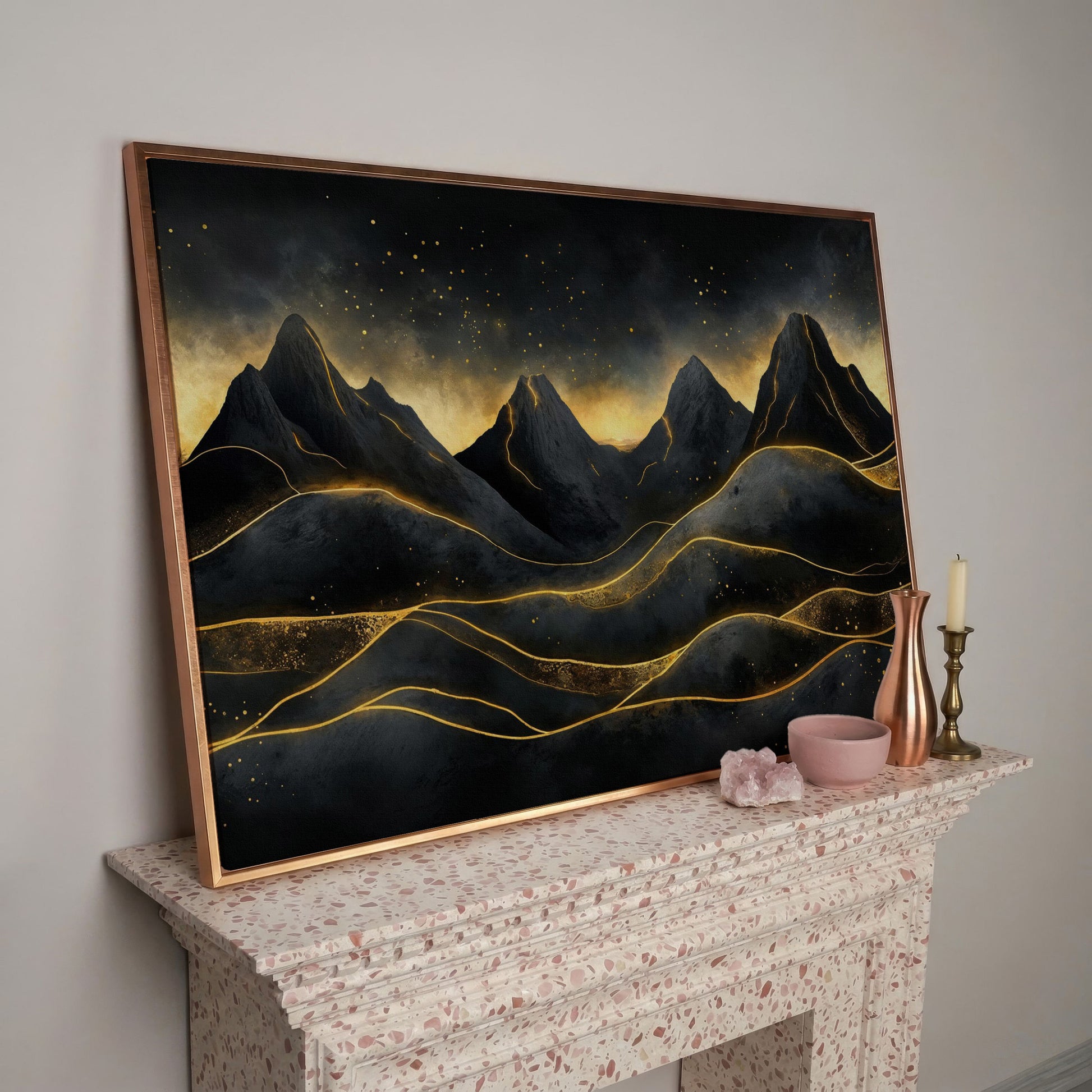 Surreal Mountain Landscape with Dark Sky and Gold Accents canvas in rose gold floating frame