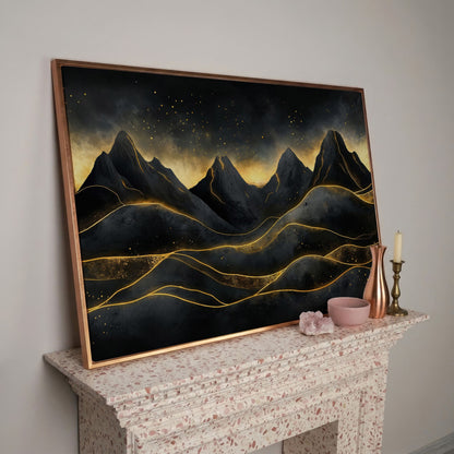 Surreal Mountain Landscape with Dark Sky and Gold Accents canvas in rose gold floating frame